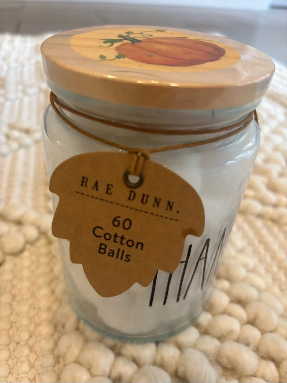NWT Rae Dunn Thankful Fall glass jar container with 60 cotton balls